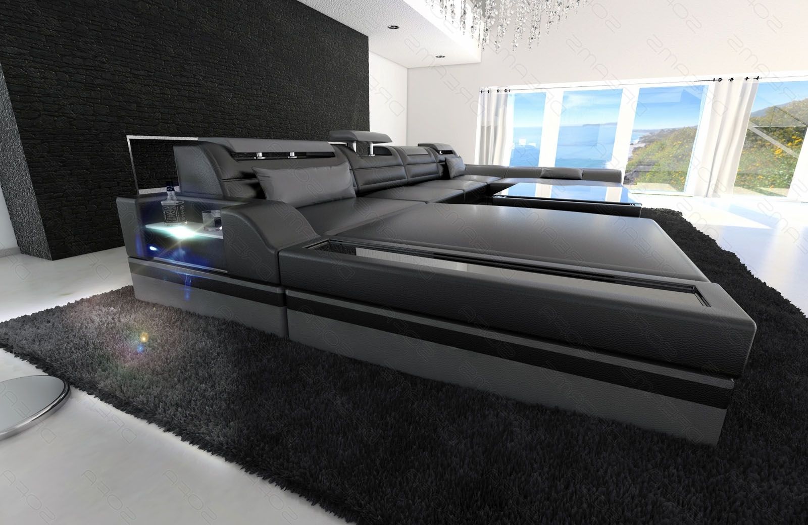 Big Sectional Sofa Monza U Shaped With Led Lights Black Grey (View 14 of 20)