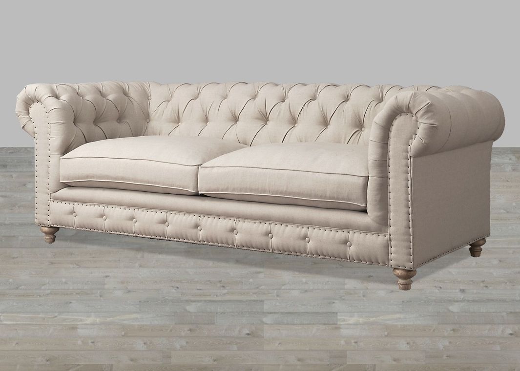 Most Recently Released Tufted Linen Sofas Within Grey Linen Sofa With Nailheads (View 2 of 20)