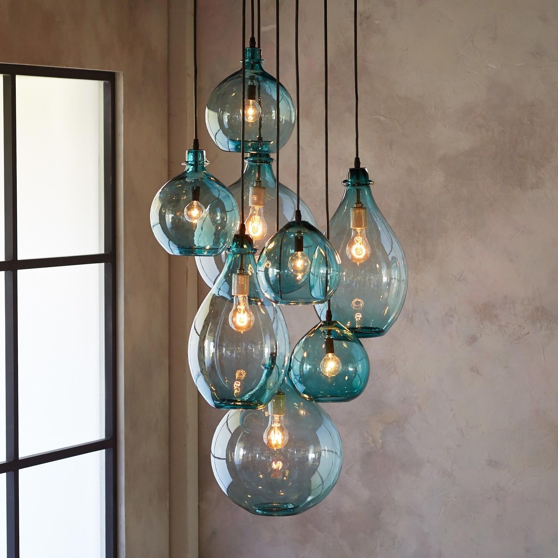 Newest Salon Glass Pendant Canopy — Limpid Turquoise Drops Of Hand Blown Intended For Turquoise Ball Chandeliers (View 4 of 20)