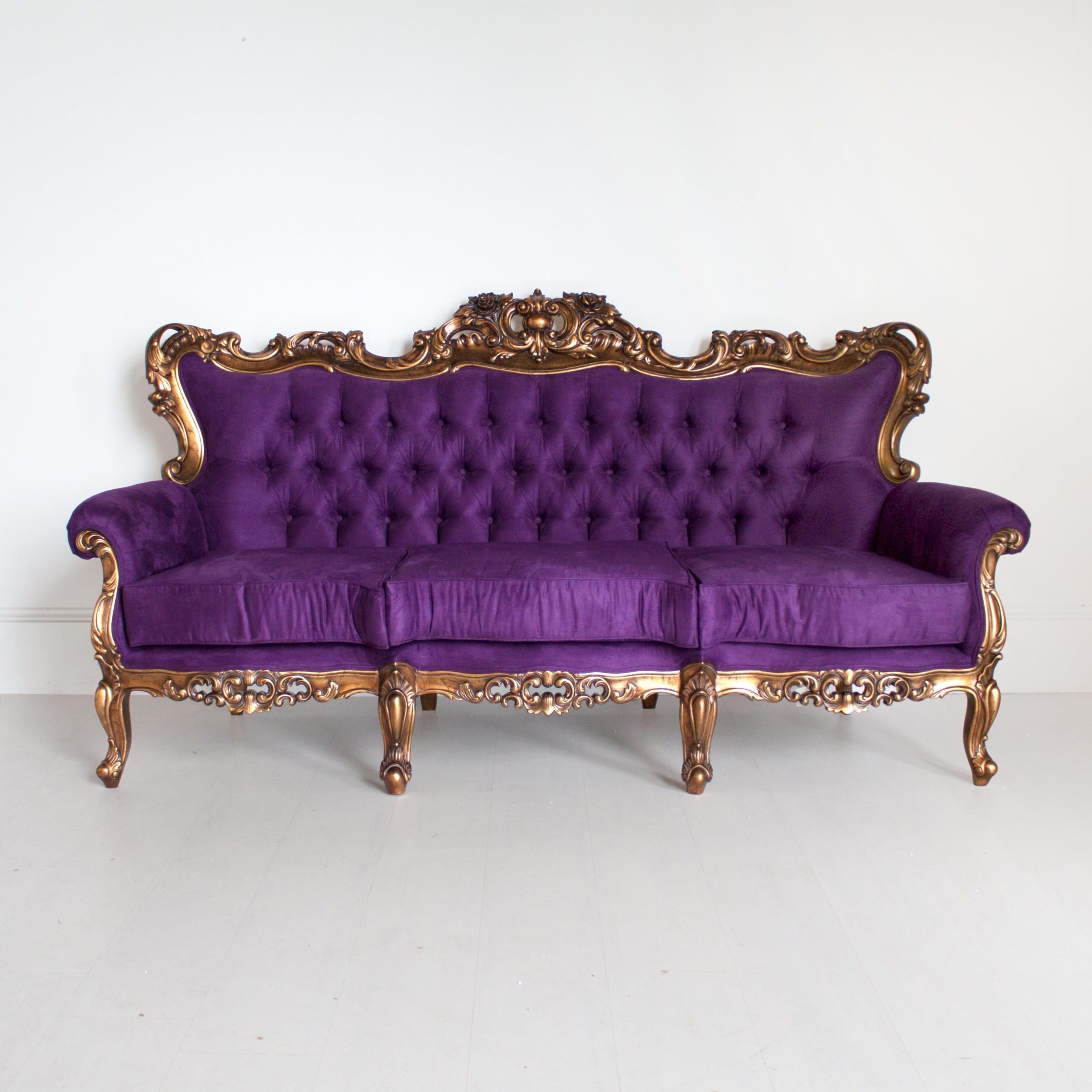 Newest Tufted Purple Velvet Sofa With Backrest And Armrest Having Carved Within Velvet Purple Sofas (View 19 of 20)