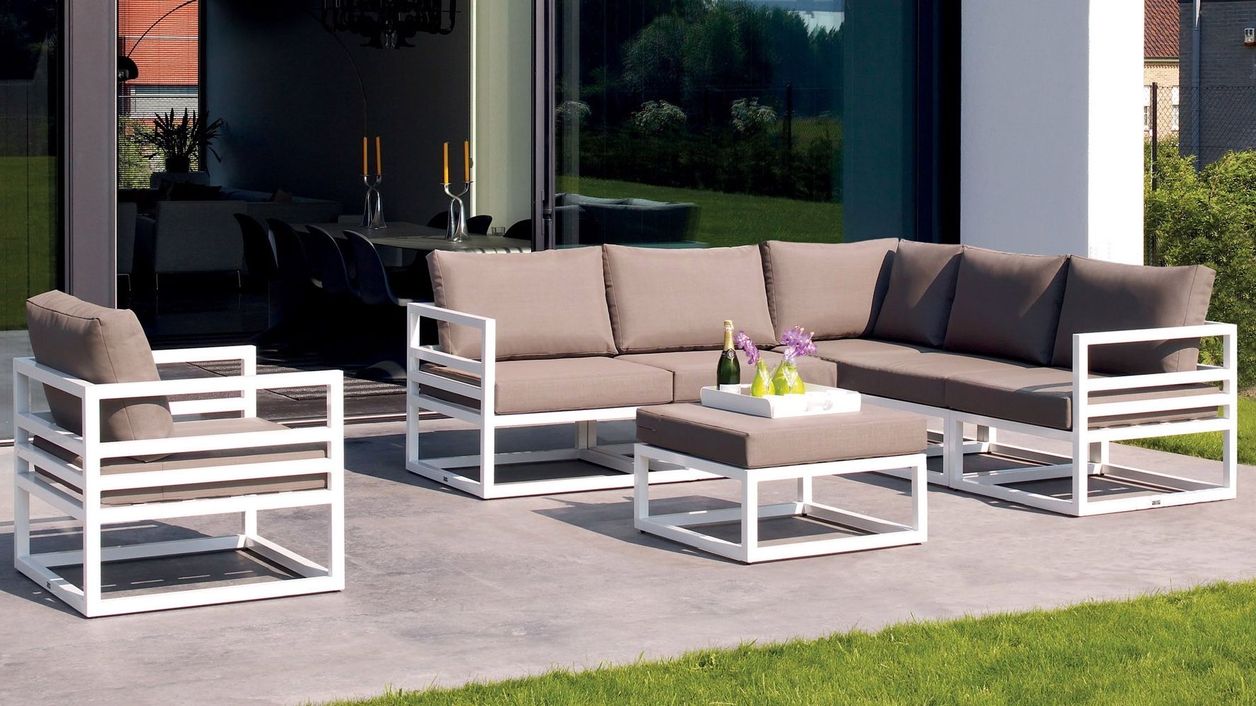 Outdoor Sofas And Chairs For Most Current White Aluminum Fabri Outdoor Lounge Set With Taupe Cushions (View 1 of 20)