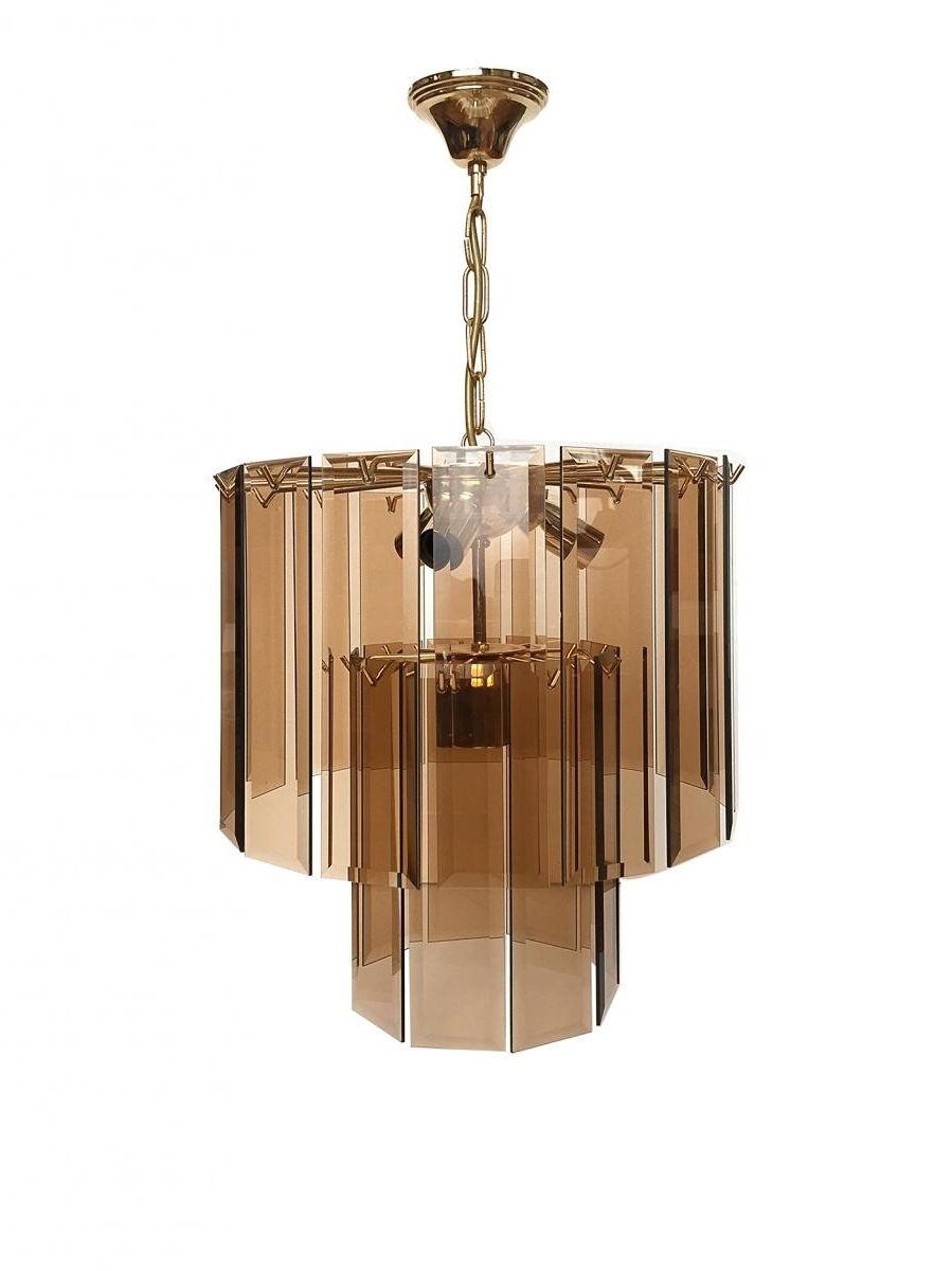 Preferred Pendant Chandelier In Smoked Glass And Brass, 1970s For Sale At Pamono Throughout Smoked Glass Chandelier (View 5 of 20)