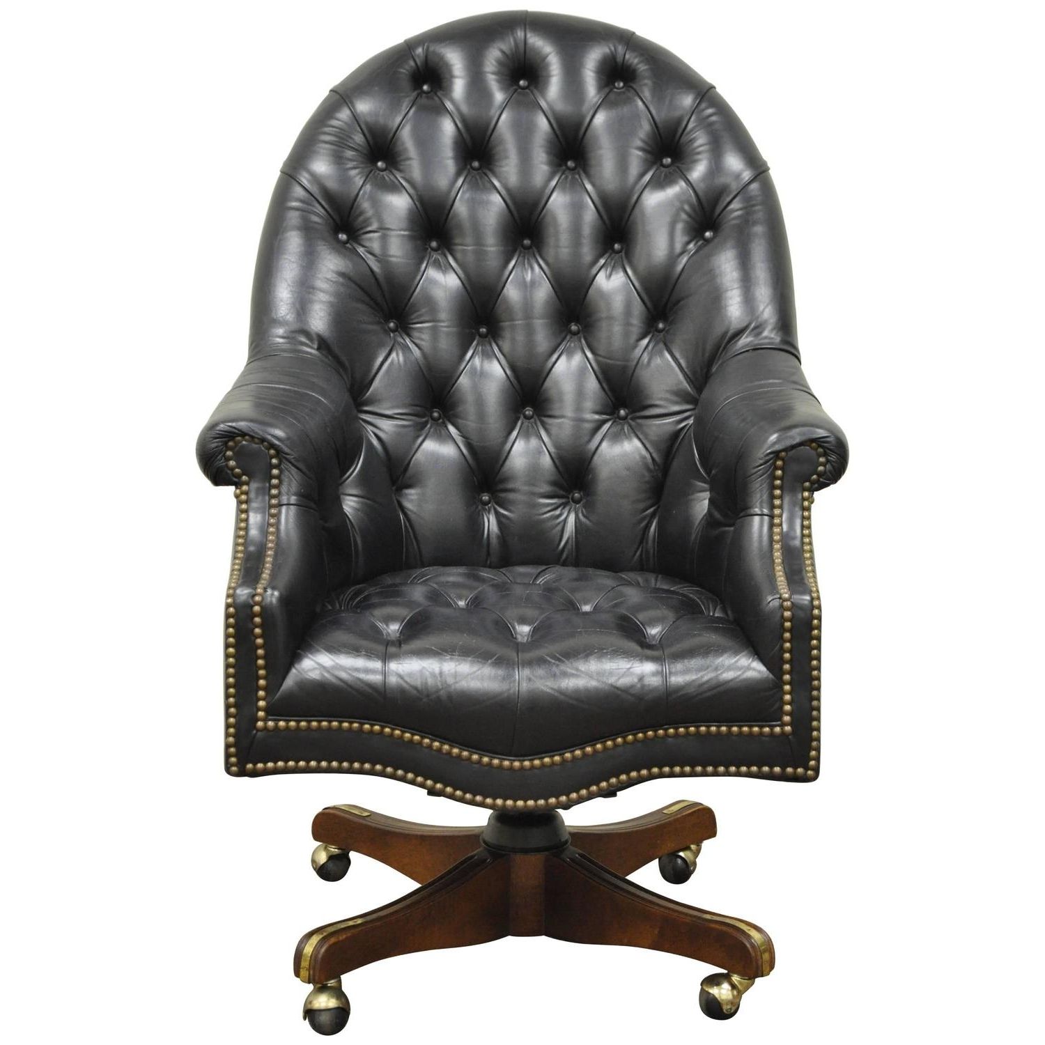 Vintage Deep Tufted Black Leather English Chesterfield Style Pertaining To Well Known Nailhead Executive Office Chairs (View 12 of 20)