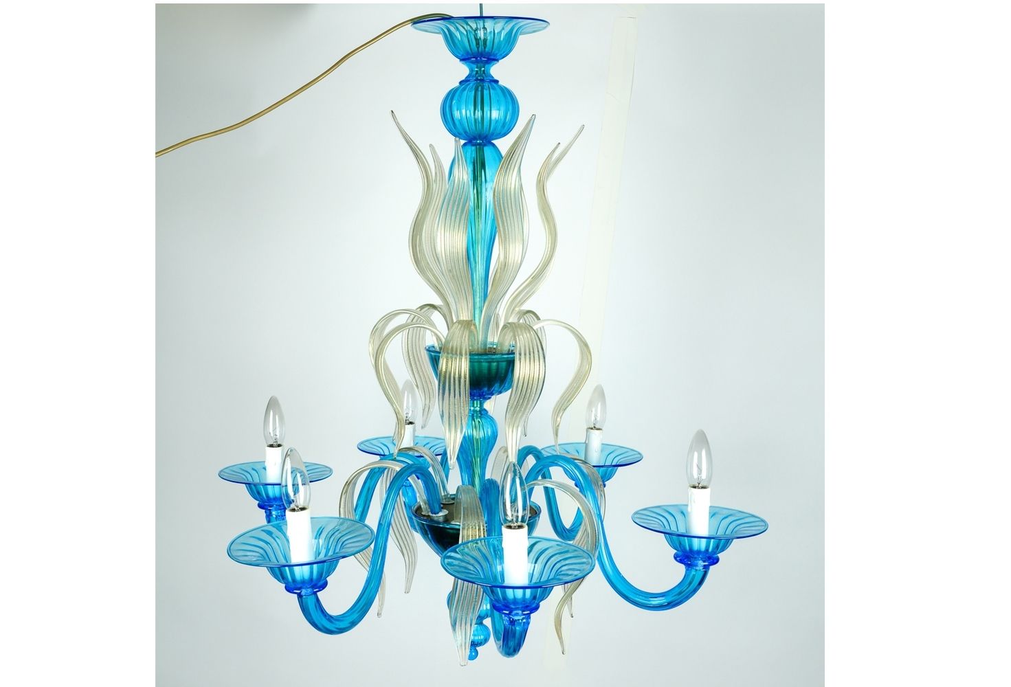 Well Known Venetian Handblown Six Arms Turquoise With Gold Flecks Chandelier Intended For Turquoise Blown Glass Chandeliers (View 9 of 20)