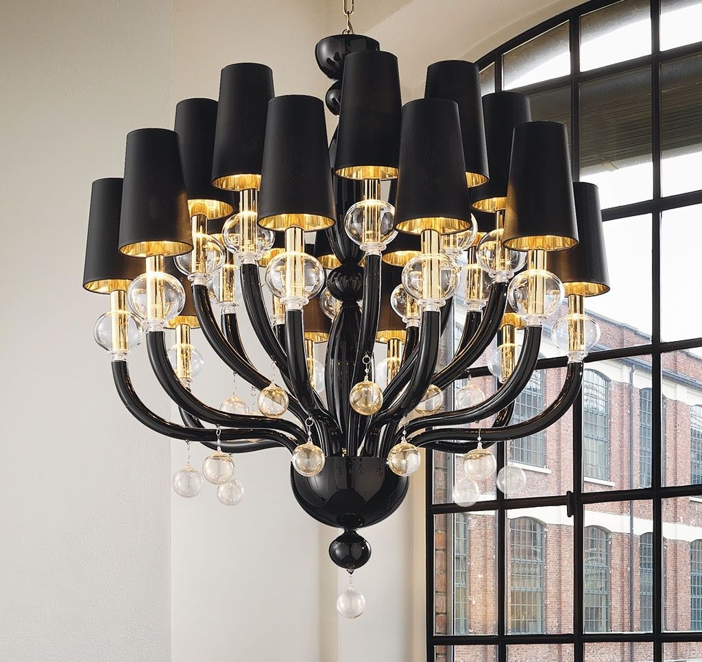 Black Glass Modern Murano Chandelier With Black Lampshades Inside 2019 Modern Black Chandelier (Photo 1 of 20)