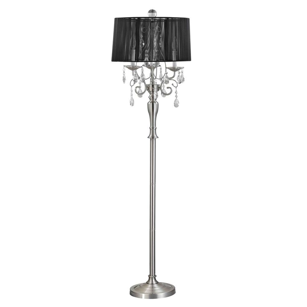 Crystal Chandelier Floor Lamp With Black Drum Shade In Satin Nickel Throughout Well Known Black Chandelier Standing Lamps (View 3 of 20)