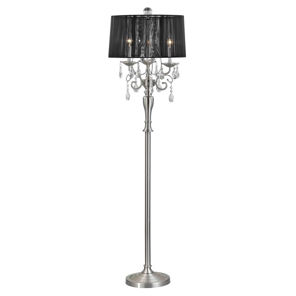 Crystal Chandelier Floor Lamp With Black Drum Shade In Satin Nickel Within Most Popular Crystal Chandelier Standing Lamps (View 18 of 20)