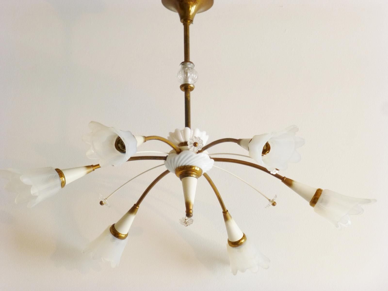 Mid Century French Glass, Brass & Porcelain Chandelier, 1950s For Within Favorite French Glass Chandelier (View 6 of 20)
