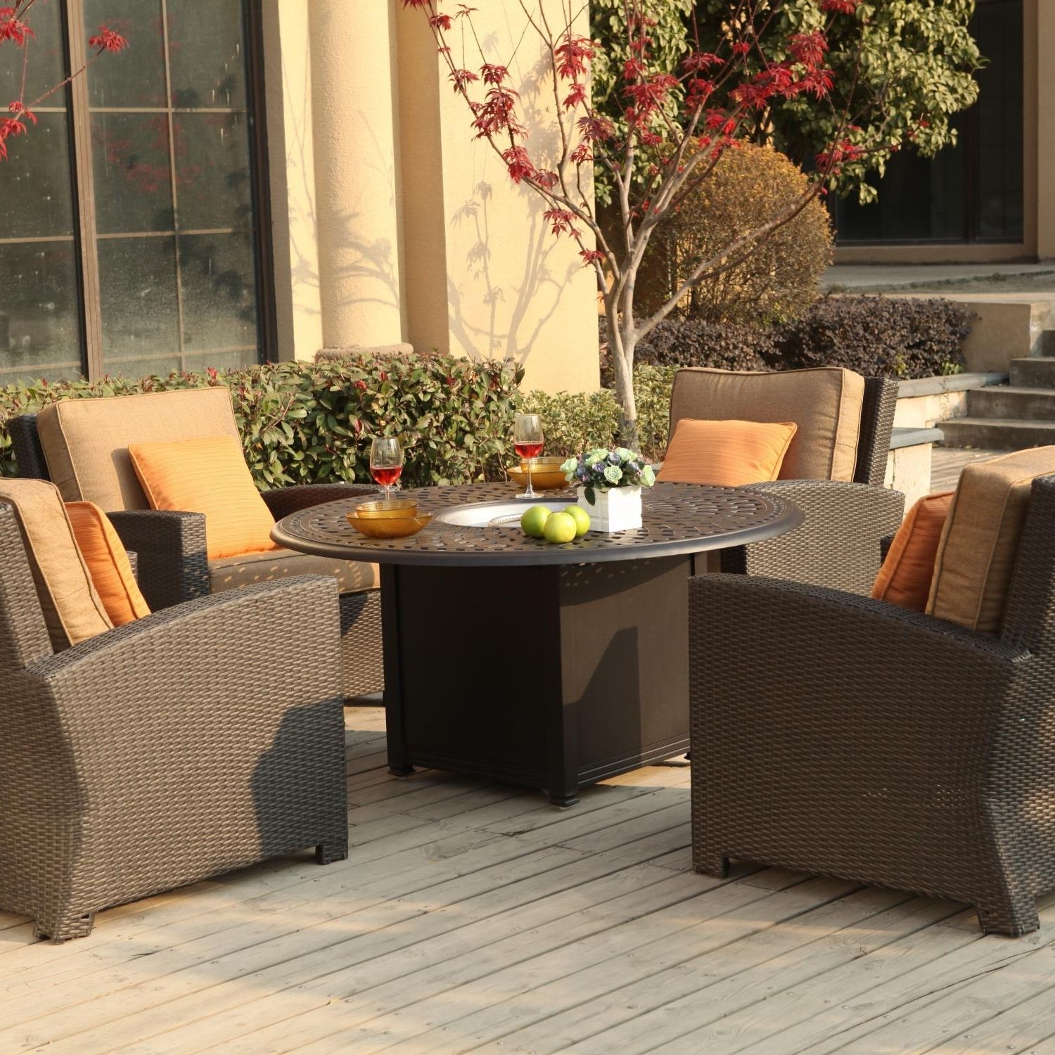 2019 Darlee Vienna 5 Piece Resin Wicker Patio Fire Pit Set Intended For Patio Conversation Sets With Fire Pit Table (View 12 of 20)