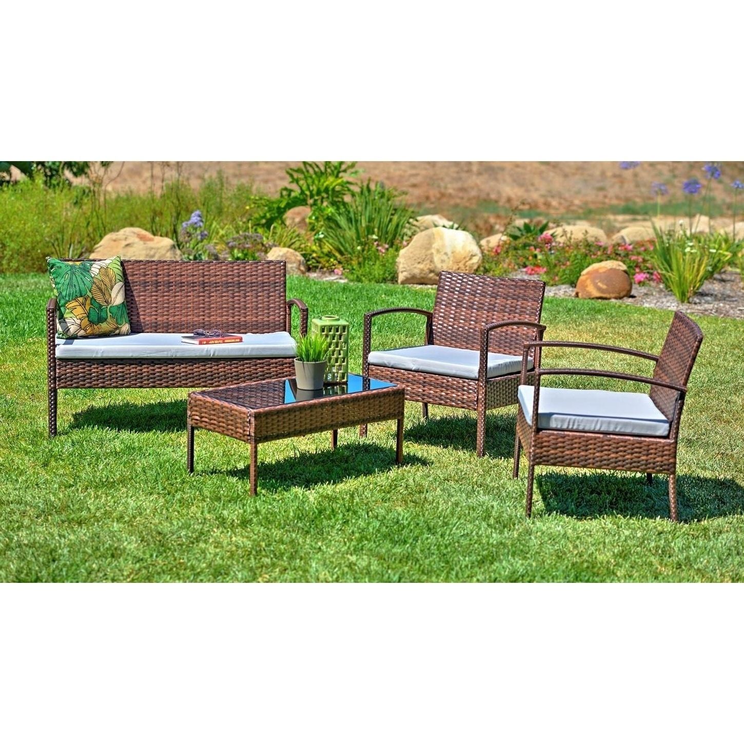Latest Grey Patio Conversation Sets With Regard To Shop Teaset 4 Piece Patio Conversation Set With Grey Cushions – Free (View 12 of 20)
