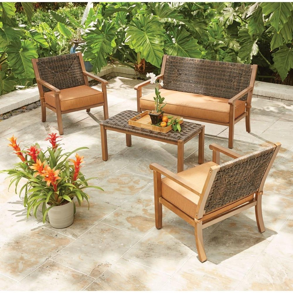 Most Recently Released Patio Conversation Sets With Cushions With Regard To Hampton Bay Kapolei 4 Piece Wicker Patio Conversation Set With Reddish  Brown Cushions (View 1 of 20)