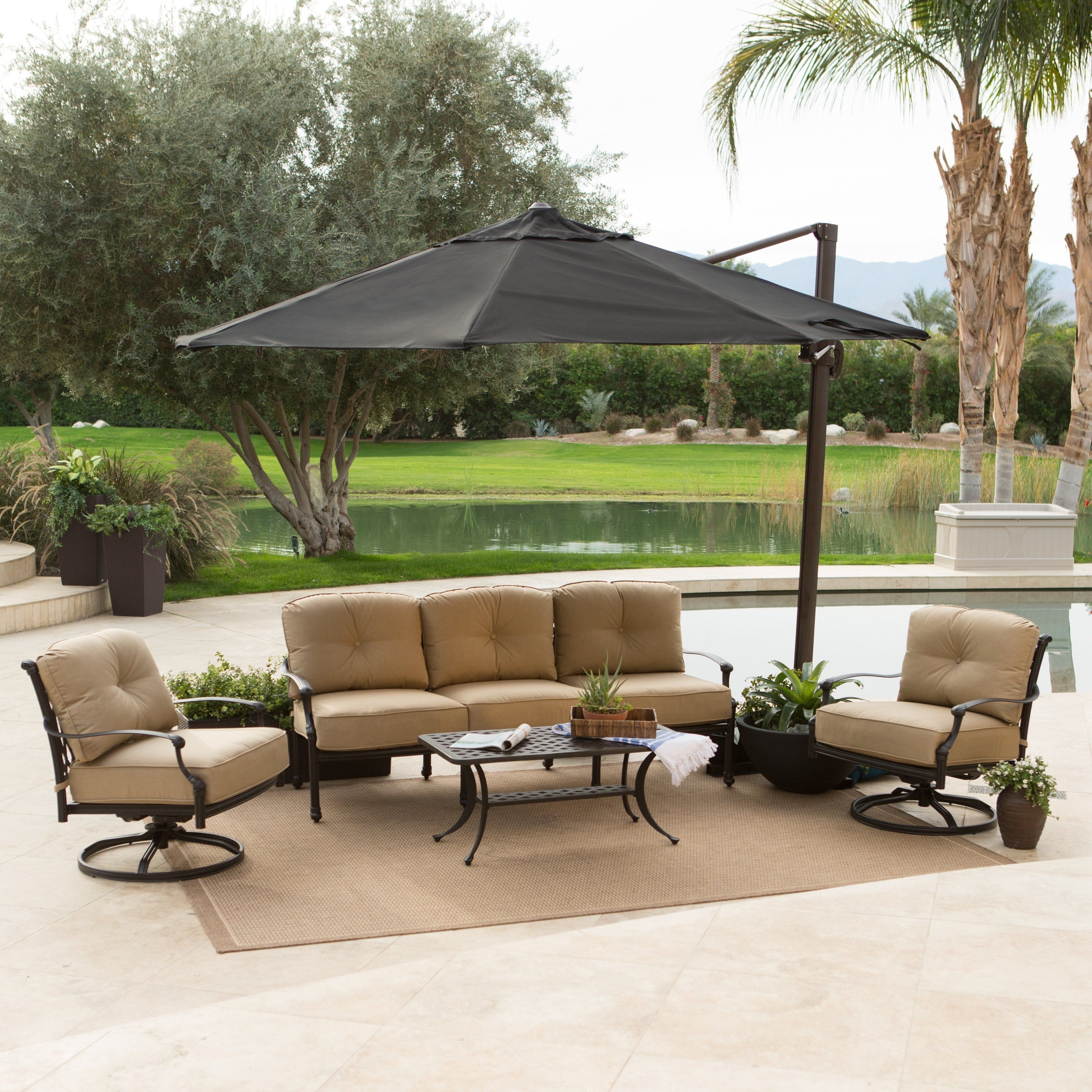 Furniture: Coral Coast Offset Patio Umbrella Design With Brown Sofa With Popular Coral Coast Offset Patio Umbrellas (View 9 of 20)