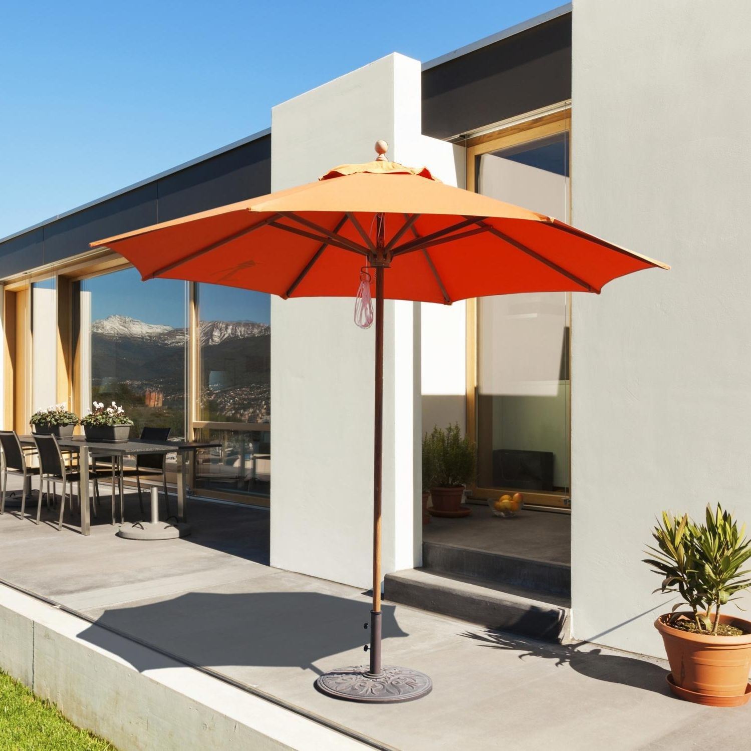 Galtech 9 Ft Teak Patio Umbrella With Pulley Lift : Ultimate Patio Intended For Best And Newest 9 Ft Patio Umbrellas (View 20 of 20)