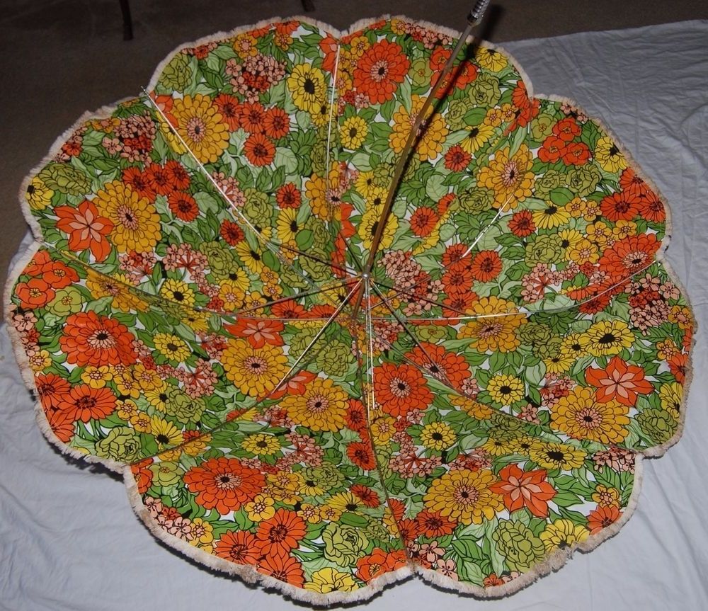 Most Recently Released Vinyl Patio Umbrellas With Fringe Pertaining To Vintage 50s Heavy Vinyl Patio Umbrella Olive Green Brown Gold Floral (View 16 of 20)