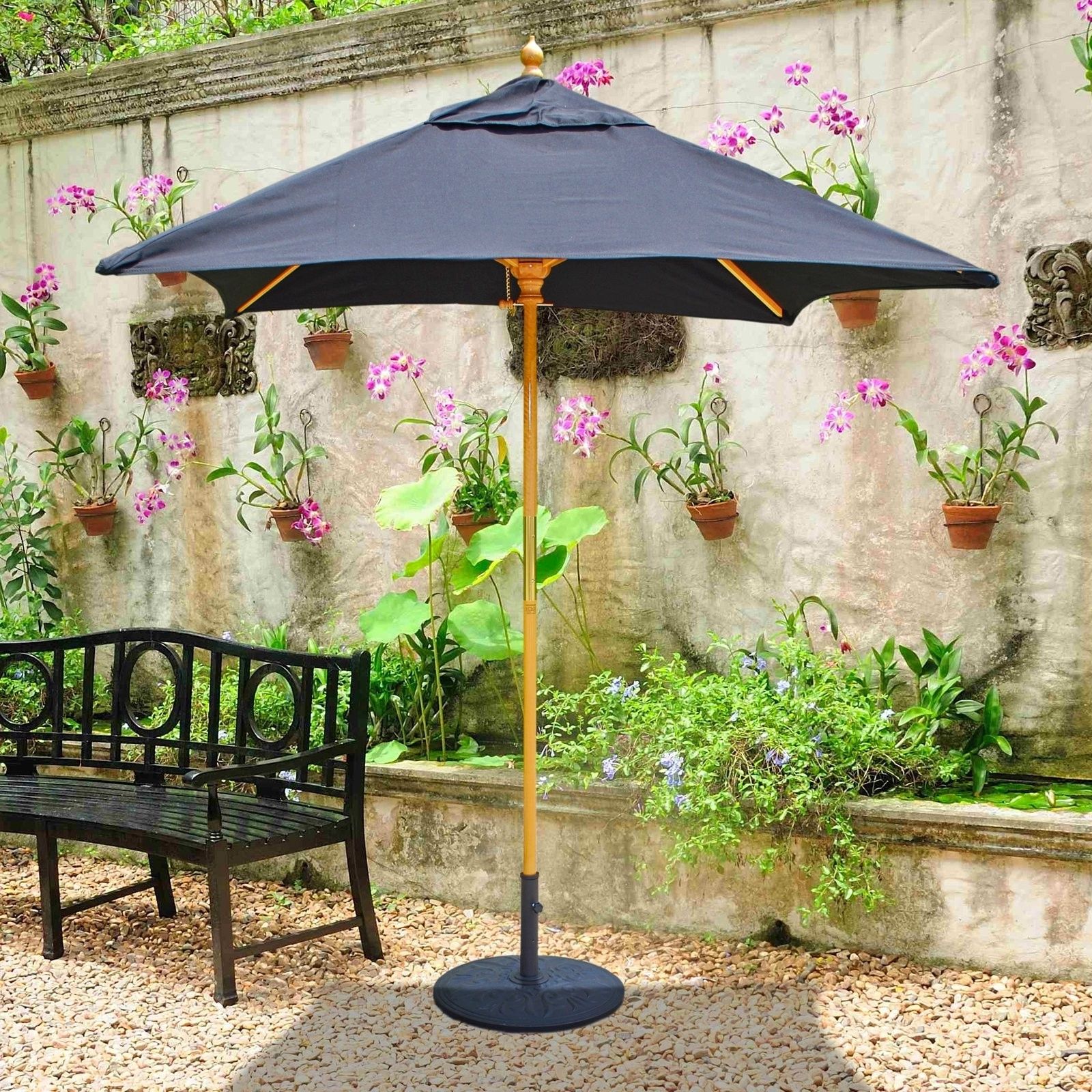 Square Sunbrella Patio Umbrellas Regarding 2018 Galtech Sunbrella 6 X 6 Ft Wood Square Patio Umbrella Patio (View 16 of 20)
