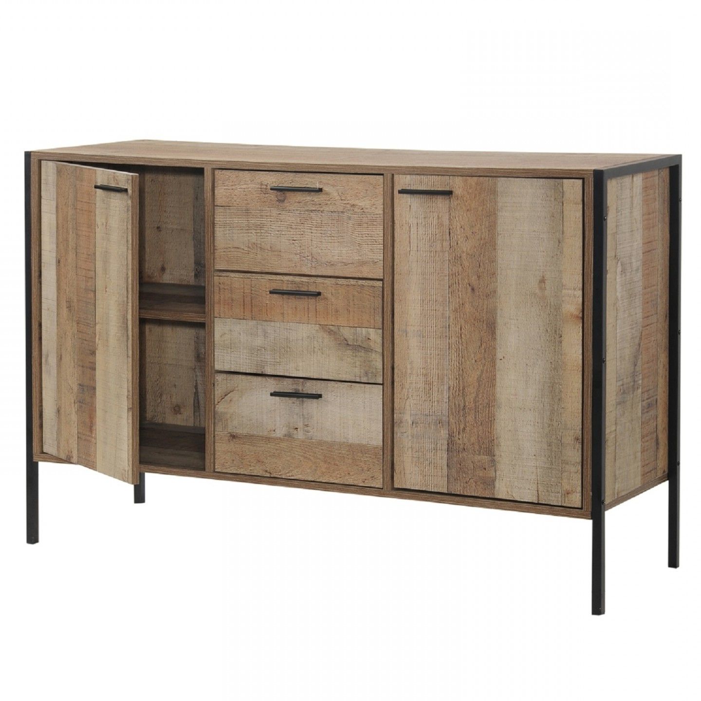 Current Stretton Rustic Industrial 2 Door 3 Drawer Sideboard Regarding Industrial 3 Drawer 3 Door Sideboards (View 1 of 20)
