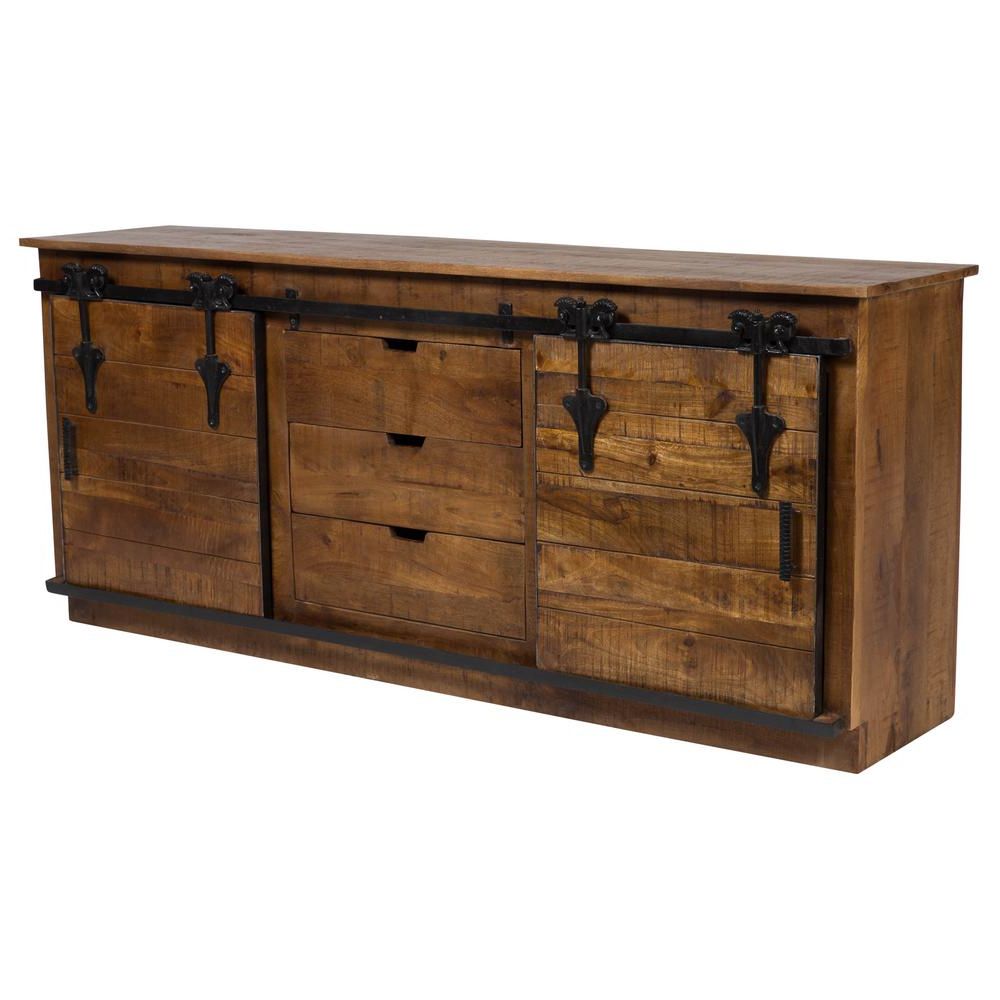 Latest Black Oak Wood And Wrought Iron Sideboards Throughout Barn Door Transitional Sliding Door Sideboard In Mango Wood And Cast (View 7 of 20)