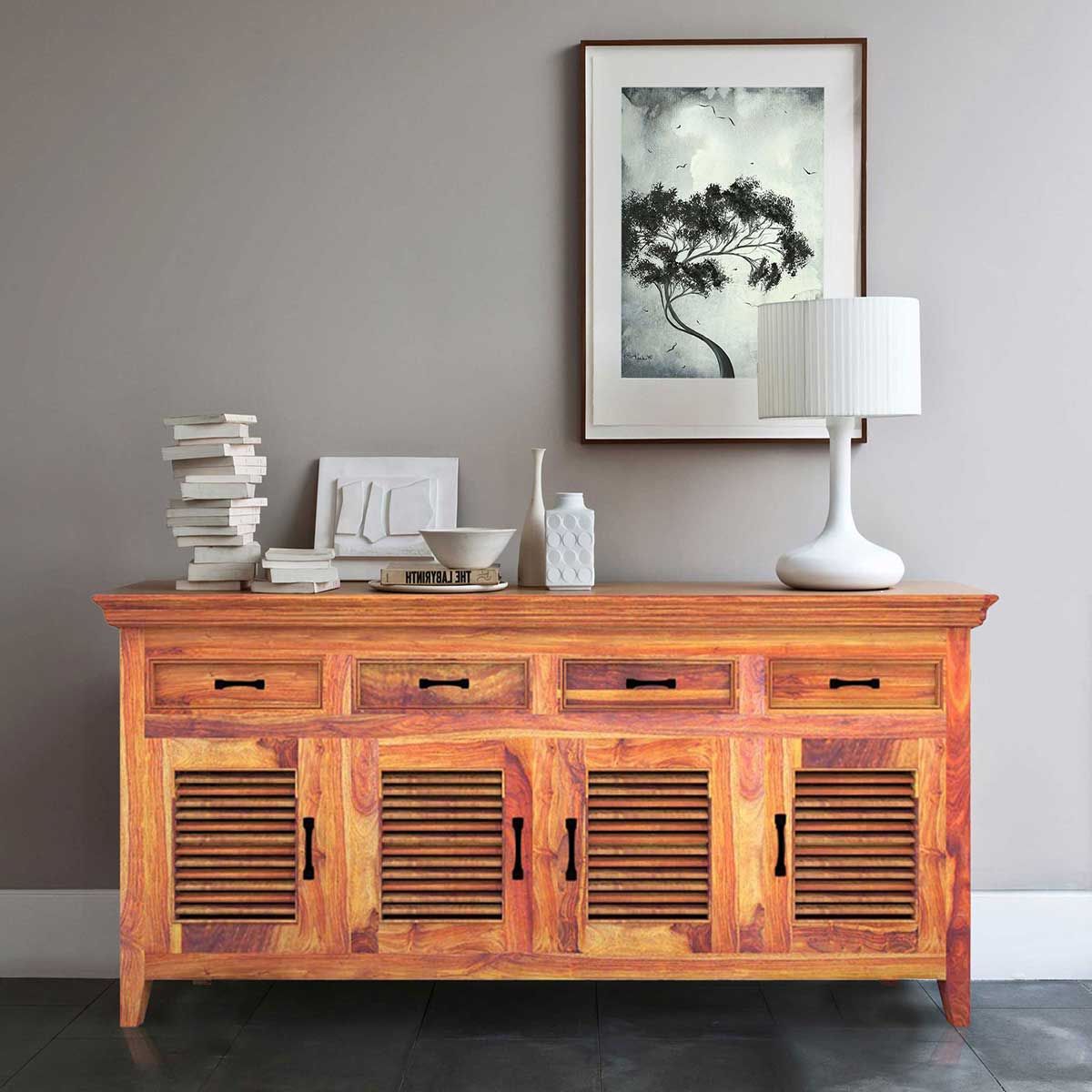 Modern Rustic Solid Wood Shutter Door 4 Drawer Large Sideboard Cabinet With Regard To Fashionable Mango Wood Grey 4 Drawer 4 Door Sideboards (View 6 of 20)