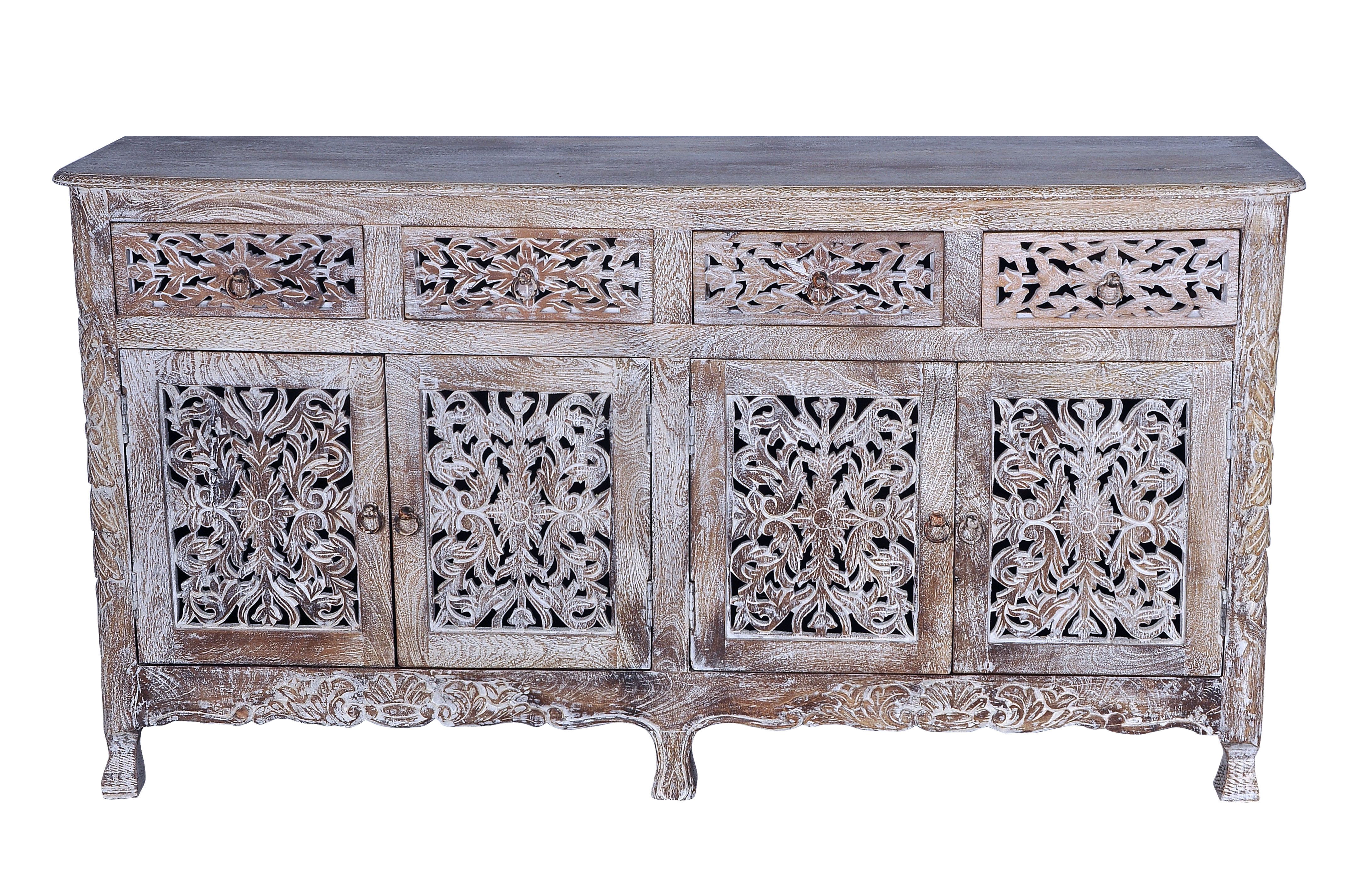 Most Popular 4 Door/4 Drawer Metal Inserts Sideboards Within Bungalow Rose Aveliss Carved 4 Door Hand Carved Sideboard (View 1 of 20)