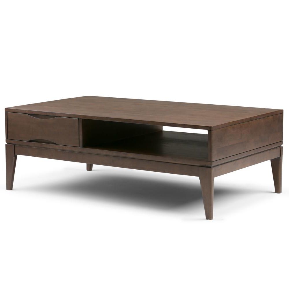 Simpli Home Harper Walnut Brown Built In Storage Coffee Table Inside Most Recently Released Walnut Finish 6 Drawer Coffee Tables (View 2 of 20)