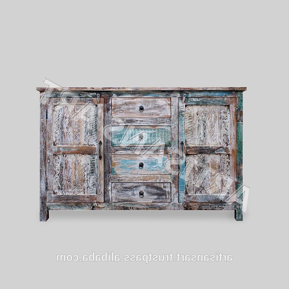 Whitewashed Reclaimed Wood 2 Door 4 Drawer Sideboard,hand Finished With Regard To Most Recently Released 2 Door White Wash Sideboards (View 12 of 20)
