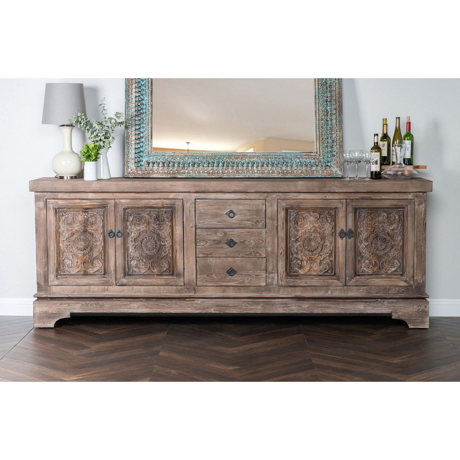 Allen Rustic Taupe Reclaimed Pine 106 Inch Sideboard Intended For Current Steinhatchee Reclaimed Pine 4 Door Sideboards (View 4 of 20)