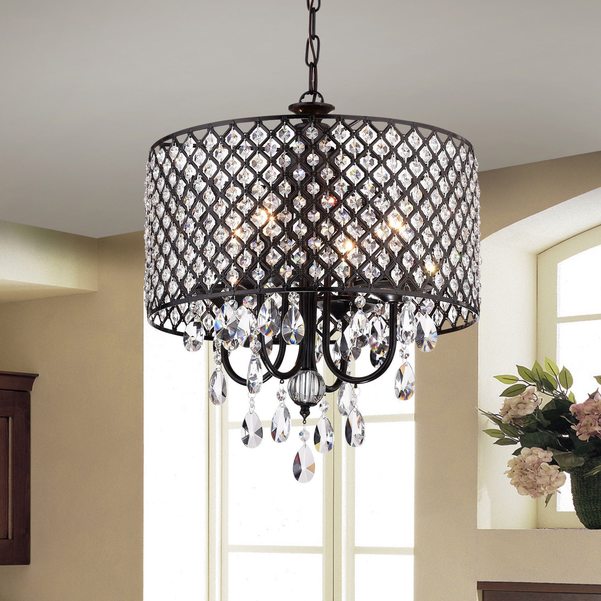 Monet 4 Lights Black Finished 17 Inch Crystal Round Inside Widely Used Albano 4 Light Crystal Chandeliers (View 12 of 20)