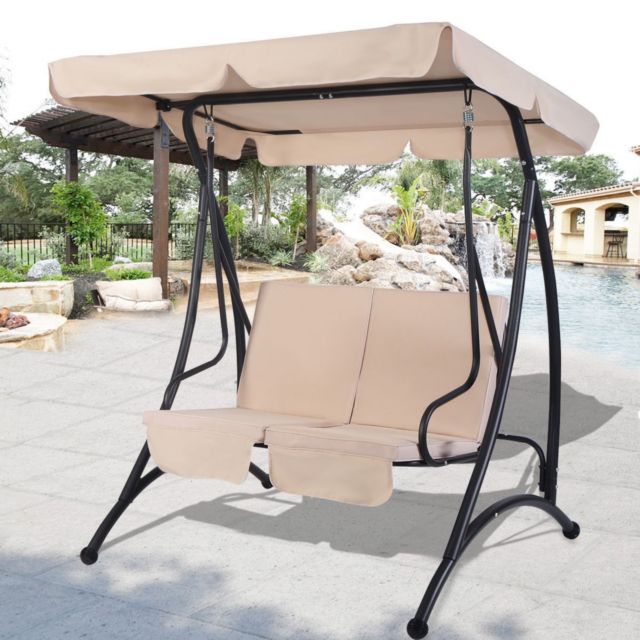 3 Person Outdoor Porch Swings With Stand Within Recent Outdoor Swing With Canopy 2 Person Patio Porch Steel Swing Double Hanging  Seat (View 6 of 20)