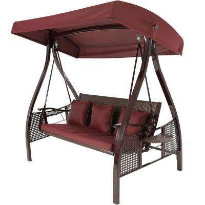 Deluxe Steel Frame Porch Swing With Maroon Cushion, Canopy And Side Tables Throughout Most Current 2 Person Adjustable Tilt Canopy Patio Loveseat Porch Swings (View 18 of 20)