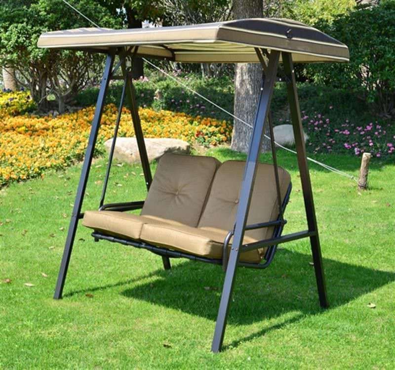 Famous 3 Person Red With Brown Powder Coated Frame Steel Outdoor Swings For 2 Seater Garden Swing Chair Light Brown Cushion Steel Frame (View 14 of 20)