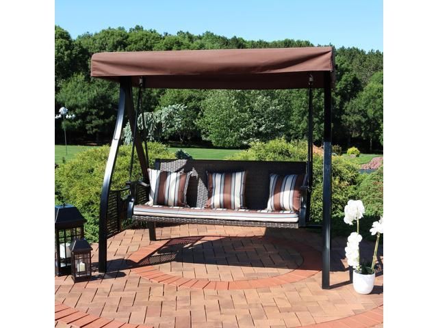 Most Current Beige Cushions Patio Seating Porch Swings Sunnydaze Deluxe 3 With Regard To Canopy Patio Porch Swing With Stand (View 7 of 20)