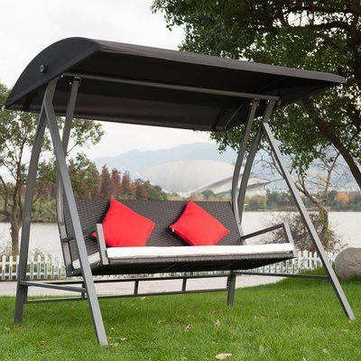 Popular Bayou Breeze Kroeger Pe Wicker Glider Outdoor Porch Swing Intended For Black Outdoor Durable Steel Frame Patio Swing Glider Bench Chairs (View 18 of 20)