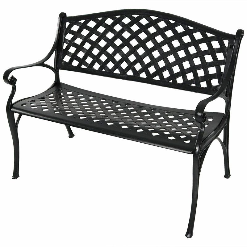 Ismenia Checkered Outdoor Cast Aluminum Patio Garden Bench Within Most Current Ismenia Checkered Outdoor Cast Aluminum Patio Garden Benches (View 1 of 20)