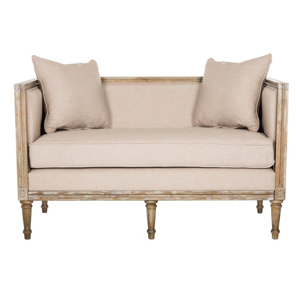Hazley Faux Leather Swivel Barrel Chairs Inside Latest Leandra French Country Settee – Taupe / Gray – Safavieh (View 11 of 20)