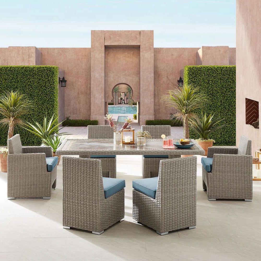 Most Recently Released Niko 7 Piece Patio Dining Set In Harland Modern Armless Slipper Chairs (View 12 of 20)