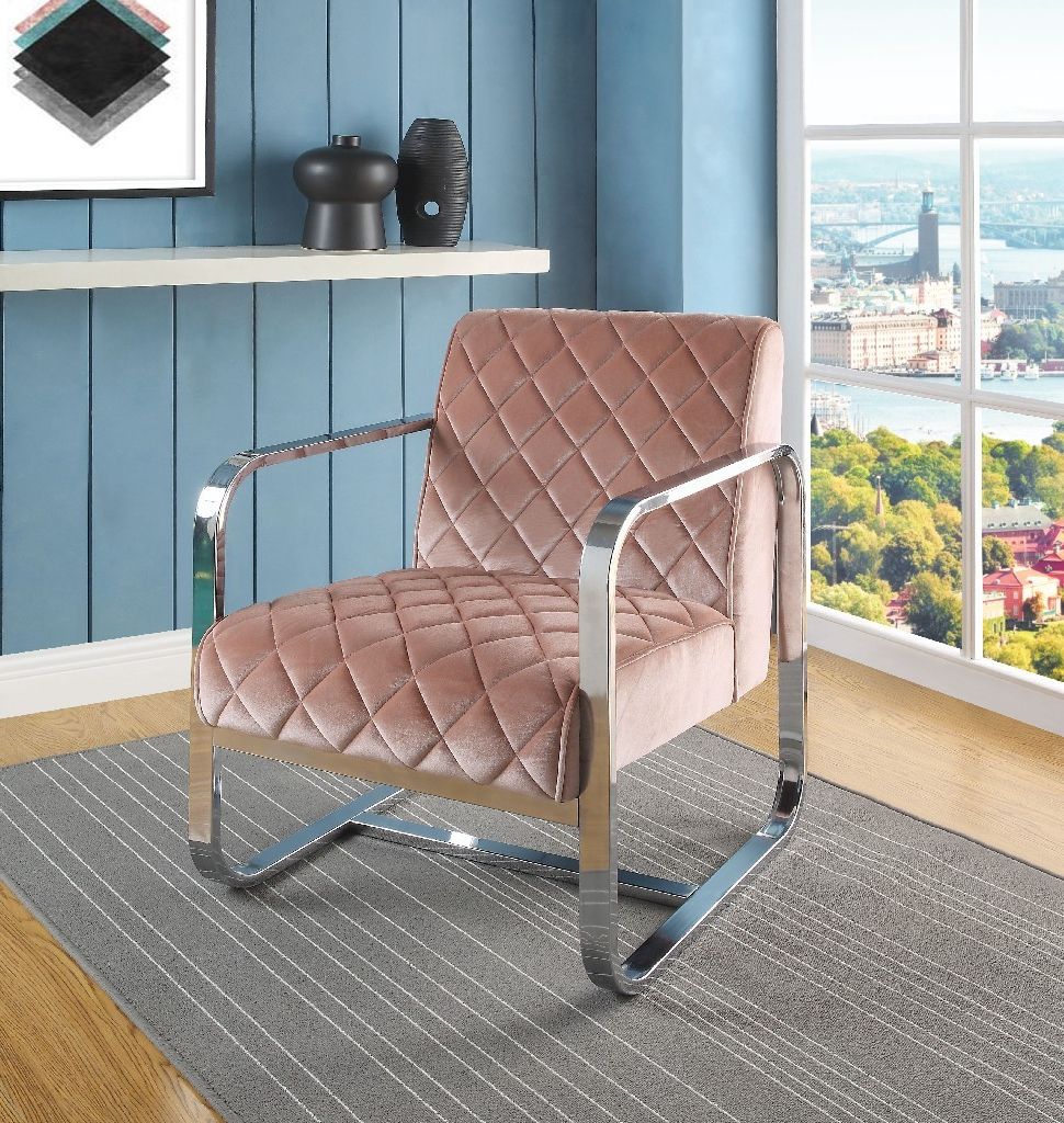 Tasmine Accent Chair In Peach Velvet Chrome Acme Furniture 59813 Inside Well Liked Didonato Tufted Velvet Armchairs (View 20 of 20)