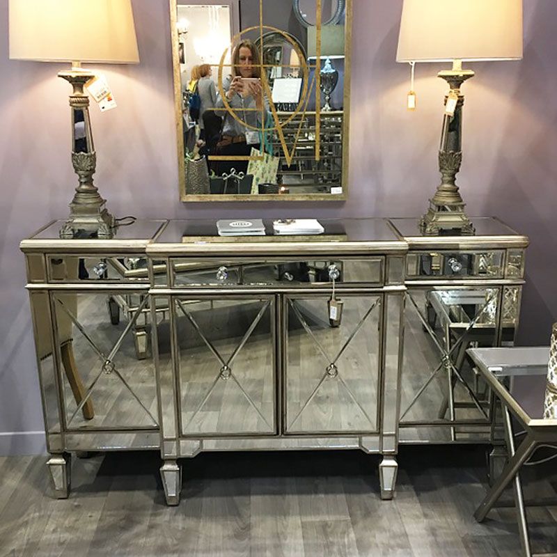 Current Belfry Antique Gold Mirrored 3 Drawer 4 Door Cabinet In 3 Drawer Sideboards (View 17 of 20)