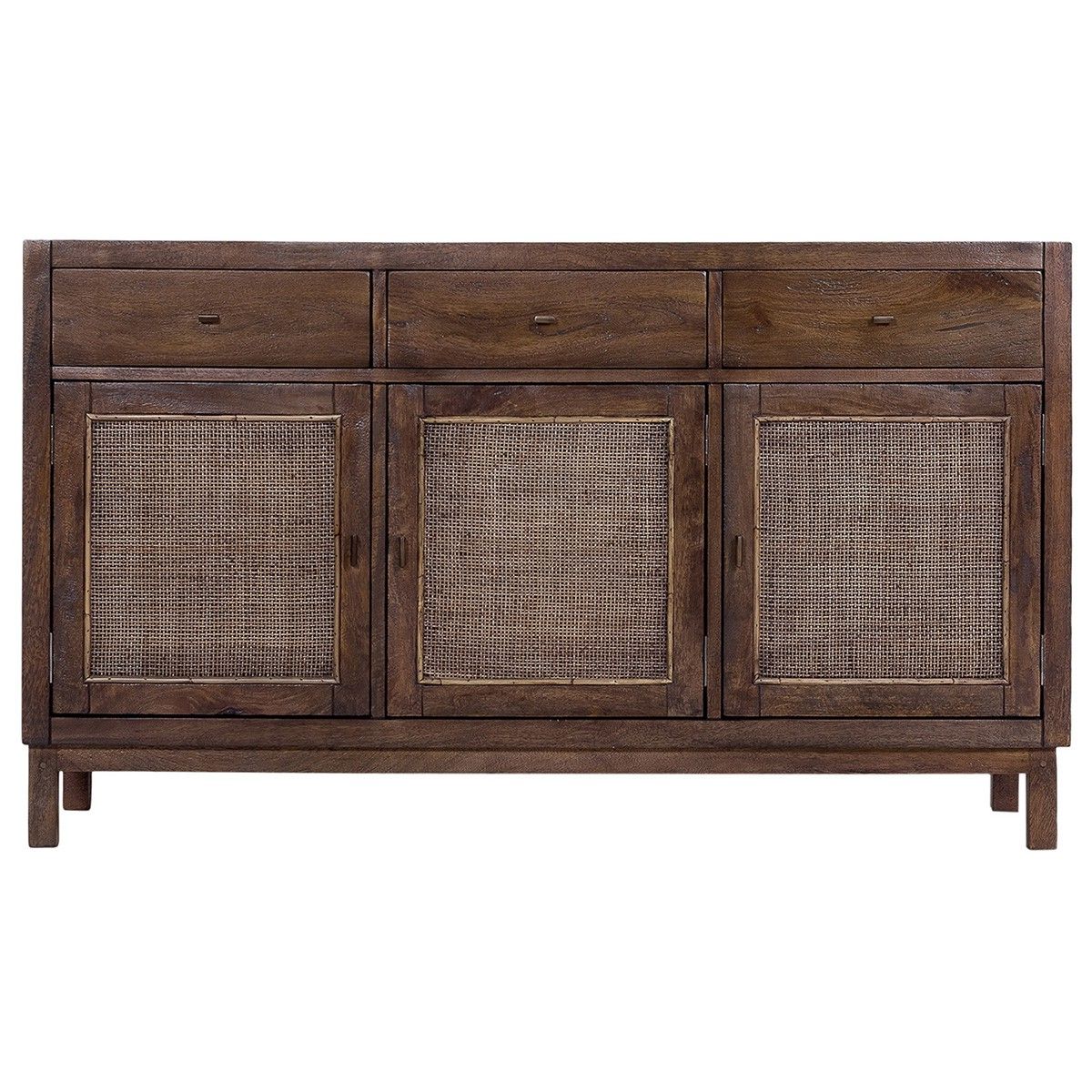 Fashionable Wendell Mango Wood & Rattan 3 Door 3 Drawer Buffect Table Intended For Macdonald 36" Wide Mango Wood Buffet Tables (View 10 of 20)
