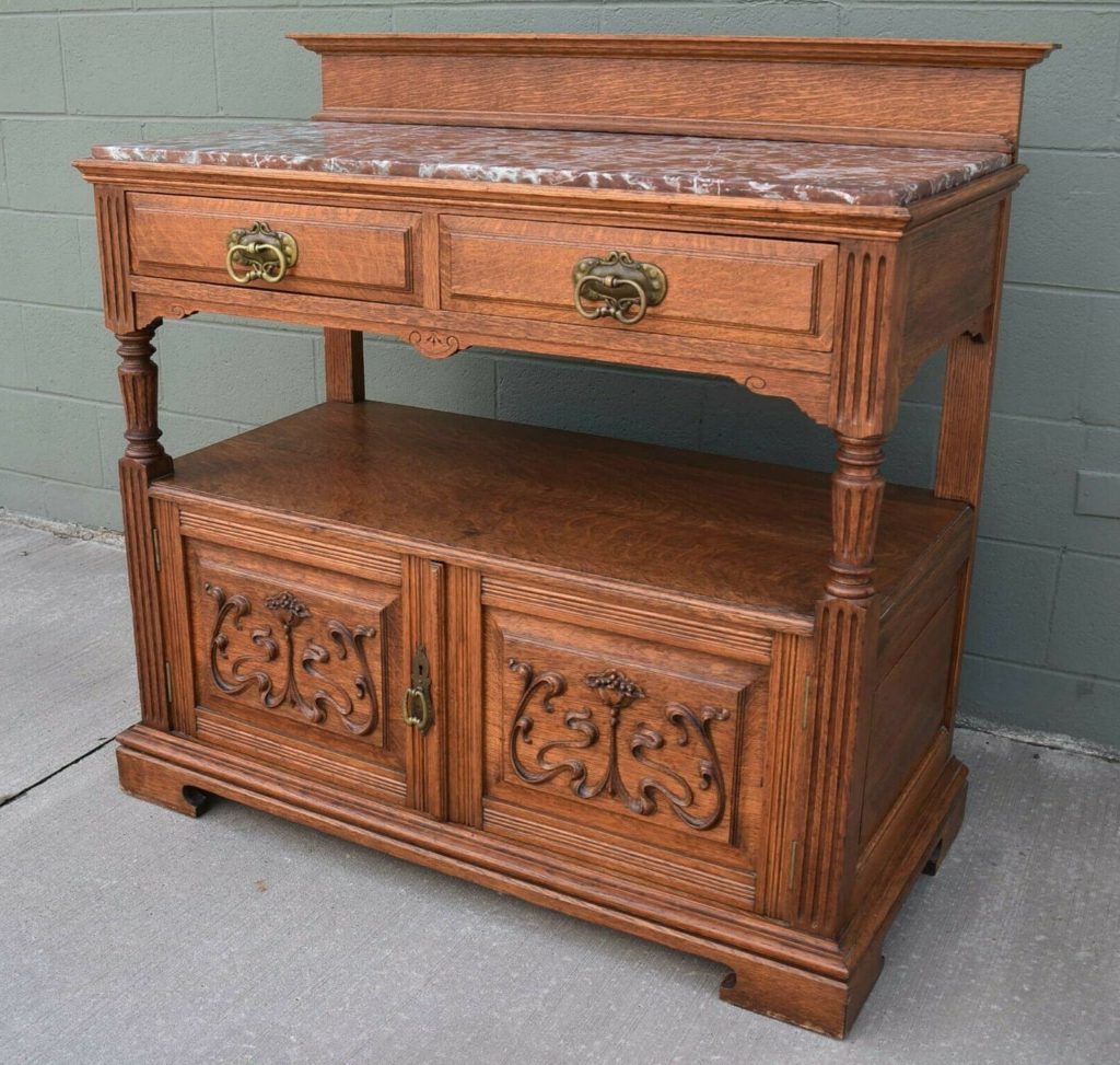 Most Recently Released Aayah 45" Wide 2 Drawer Servers For Antique Oak Gothic Revival Marble Top Server Buffet Art (View 12 of 20)