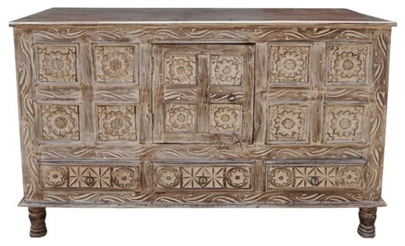 Widely Used Rustic Primitive Hand Carved 3 Drawer Sideboard Cabinet Within Aneisa 70" Wide 6 Drawer Mango Wood Sideboards (View 11 of 20)
