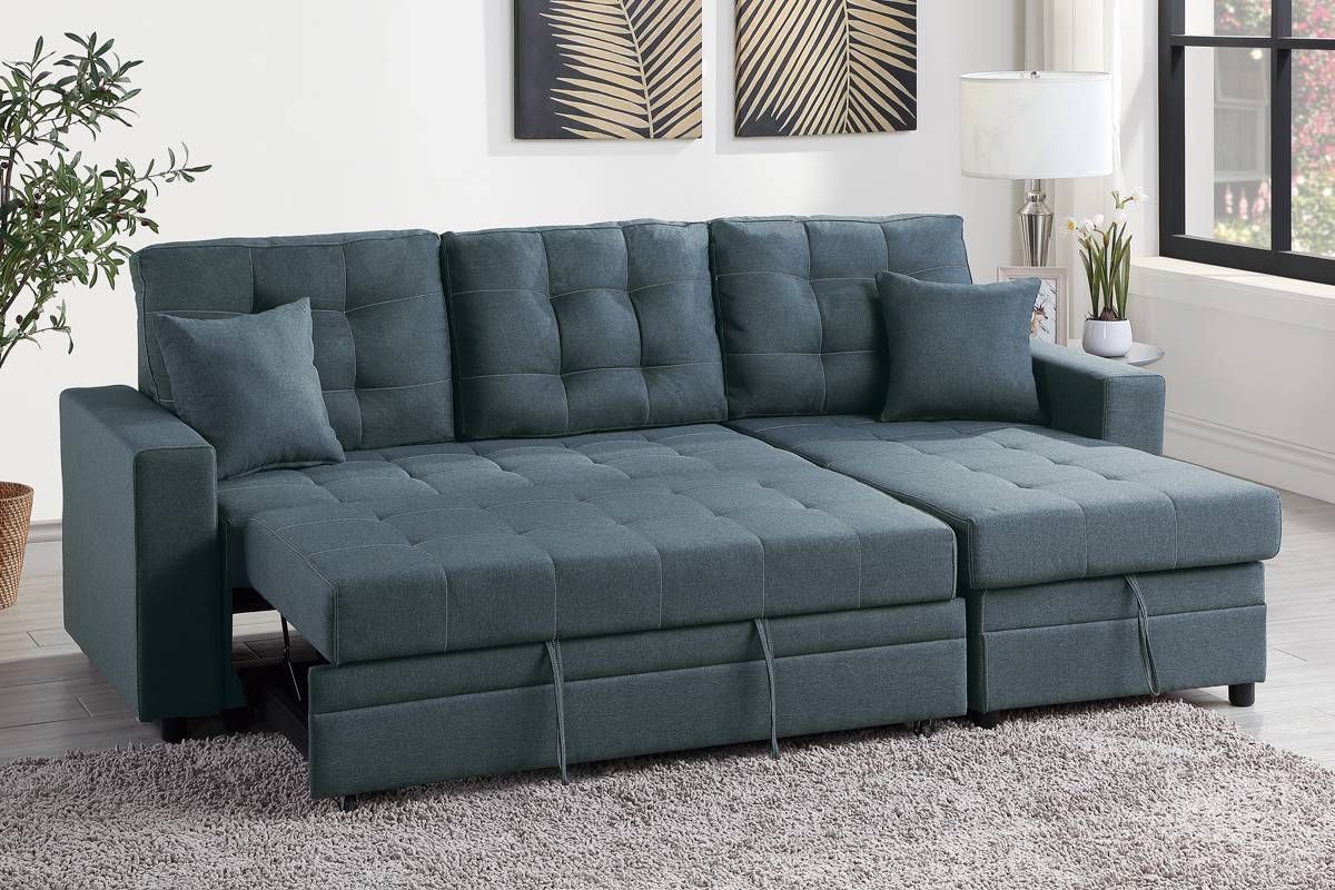 Blue Grey Convertible Pullout Bed Sofa Sectional + Storage With Well Known Hugo Chenille Upholstered Storage Sectional Futon Sofas (View 4 of 20)