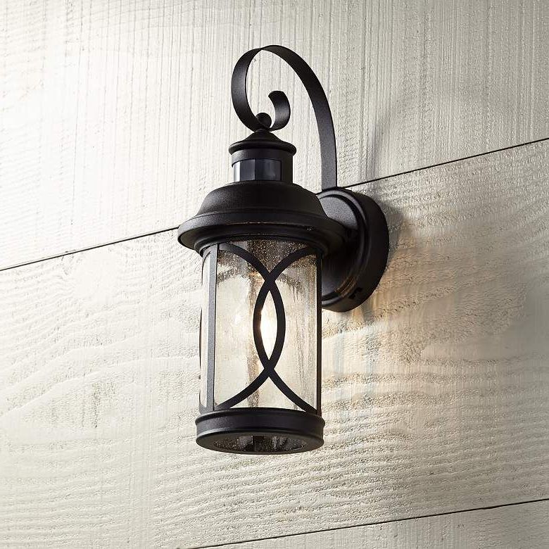 Clarisa Seeded Glass Outdoor Barn Lights With Dusk To Dawn Within Well Known Capistrano 12 3/4"h Black Motion Sensor Outdoor Wall Light (View 7 of 20)