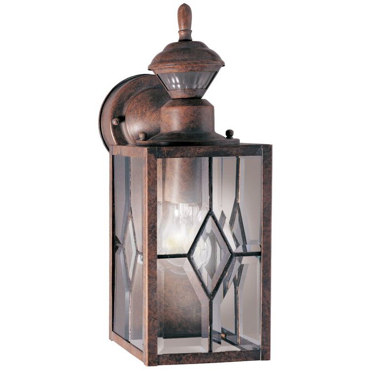Edenfield Water Glass Outdoor Wall Lanterns With Dusk To Dawn Inside Most Recently Released Red Barrel Studio® Kimimela Brown Beveled Glass Outdoor (View 15 of 20)