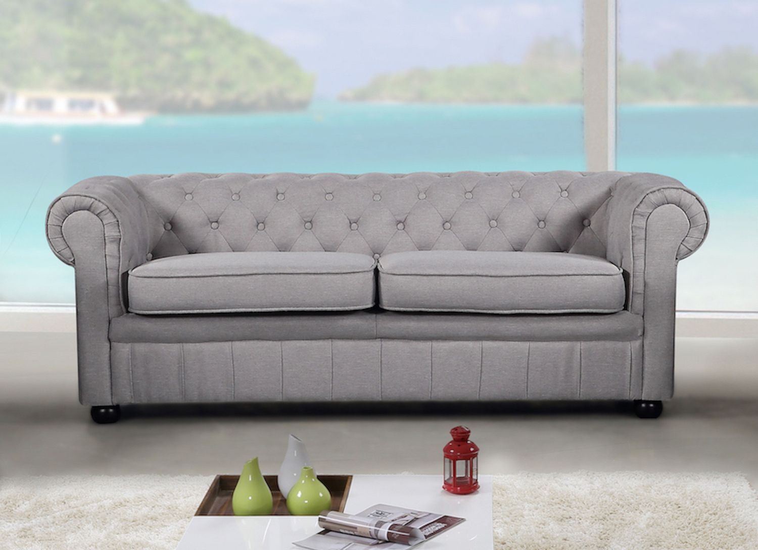 Famous Modern Chesterfield Style Sofa – Light Grey Fabric In Ludovic Contemporary Sofas Light Gray (View 11 of 20)