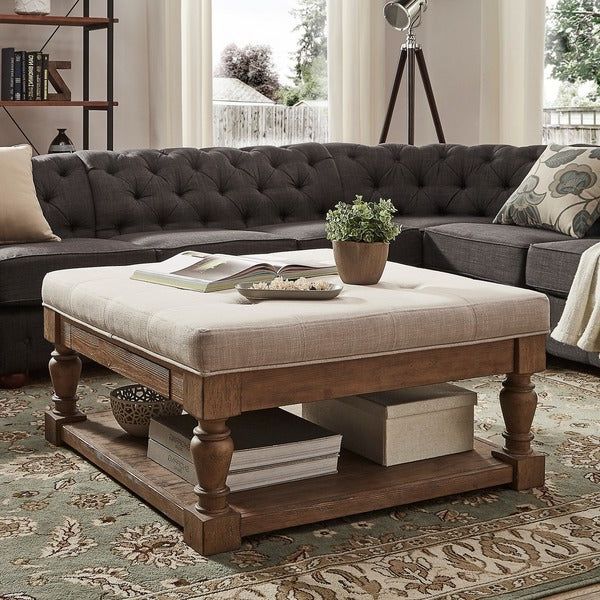 Lennon Baluster Pine Storage Tufted Cocktail Ottoman Intended For Popular Antonio Light Gray Leather Sofas (View 14 of 20)