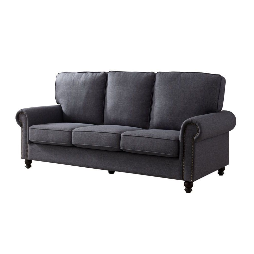 Nailhead Trim Fabric Upholstered Wooden Sofa With Rolled Throughout Well Liked Radcliff Nailhead Trim Sectional Sofas Gray (View 8 of 20)