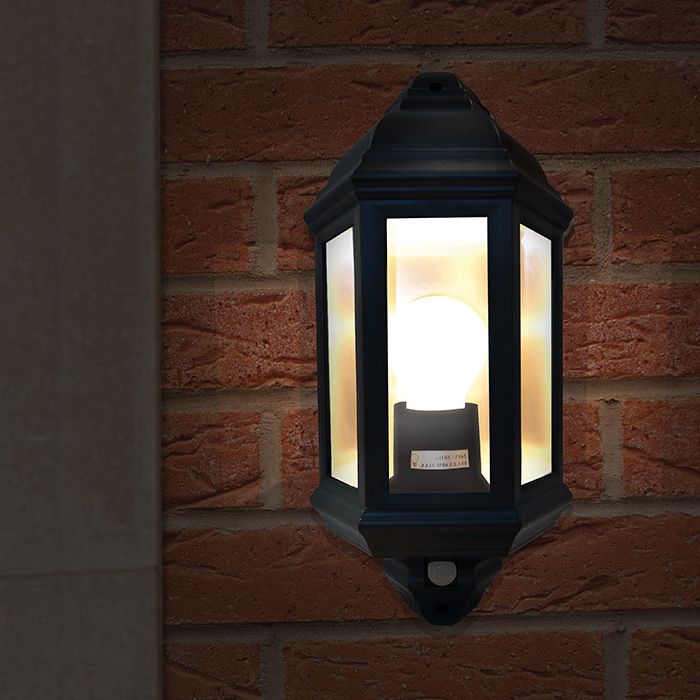 Newest Eterna Pirhl60bk Black Half Lantern Outdoor Light With Pir Throughout Bellefield Black Outdoor Wall Lanterns (View 19 of 20)