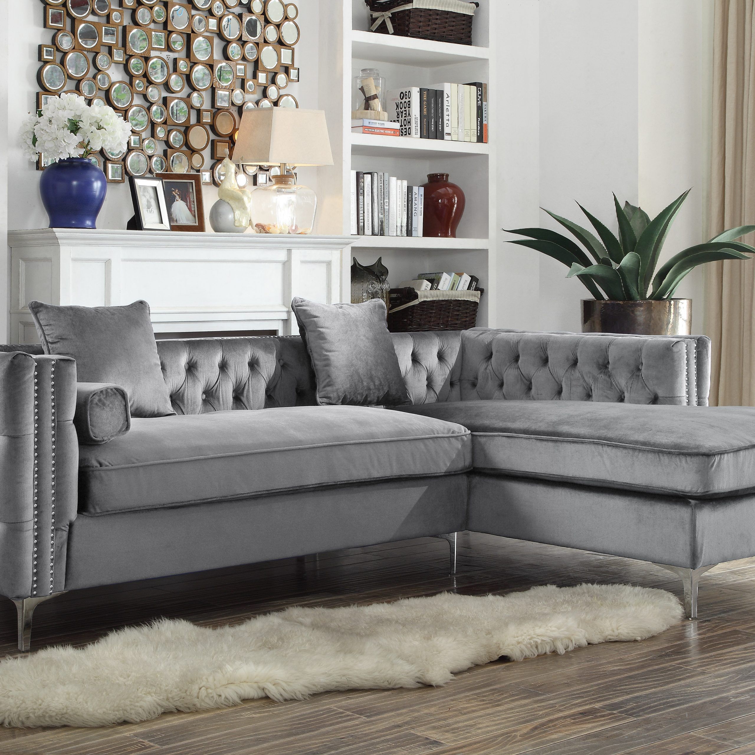 Newest Ludovic Contemporary Sofas Light Gray Pertaining To Chic Home Monet Velvet Modern Button Tufted Sectional Sofa (View 9 of 20)