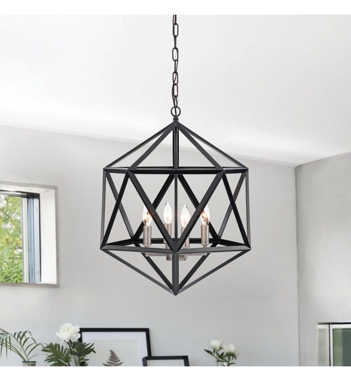 2019 4 Light Matte Black Geometric Iron Cage Chandelier With Intended For Isle Matte Black Four Light Chandeliers (View 19 of 20)