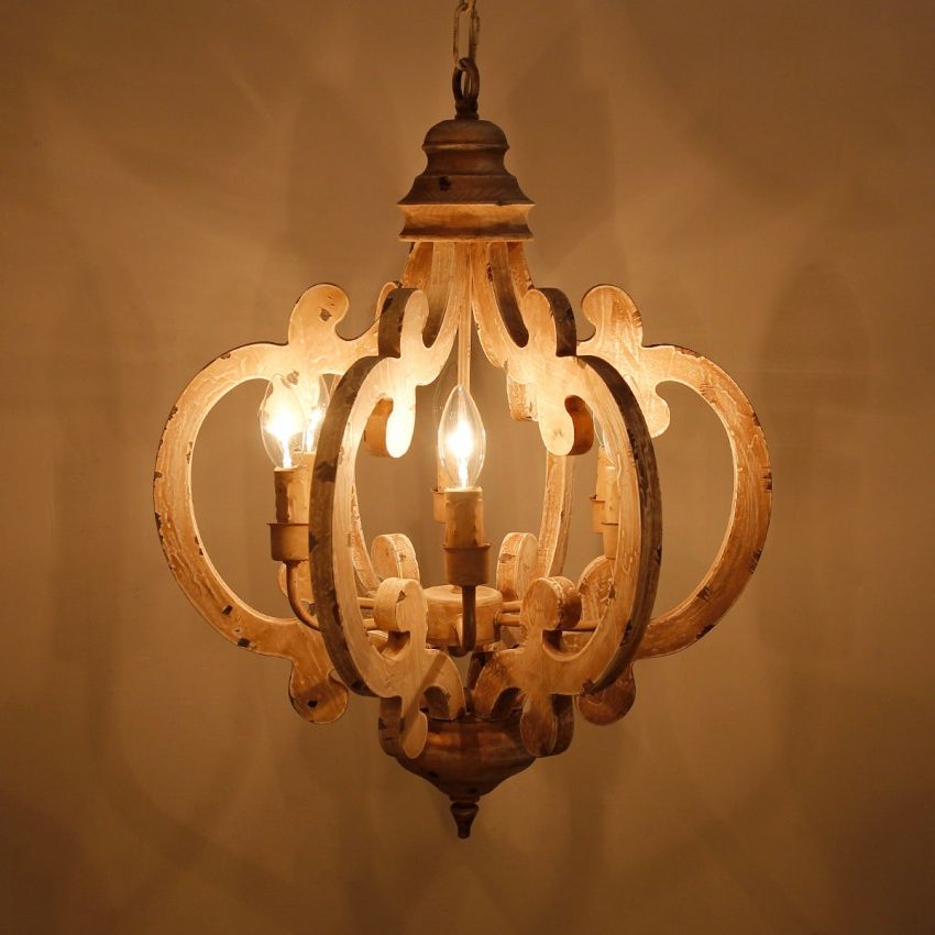 6 Light Wooden Chandelier, Antique White – Whoselamp With Current Six Light Chandeliers (View 16 of 20)